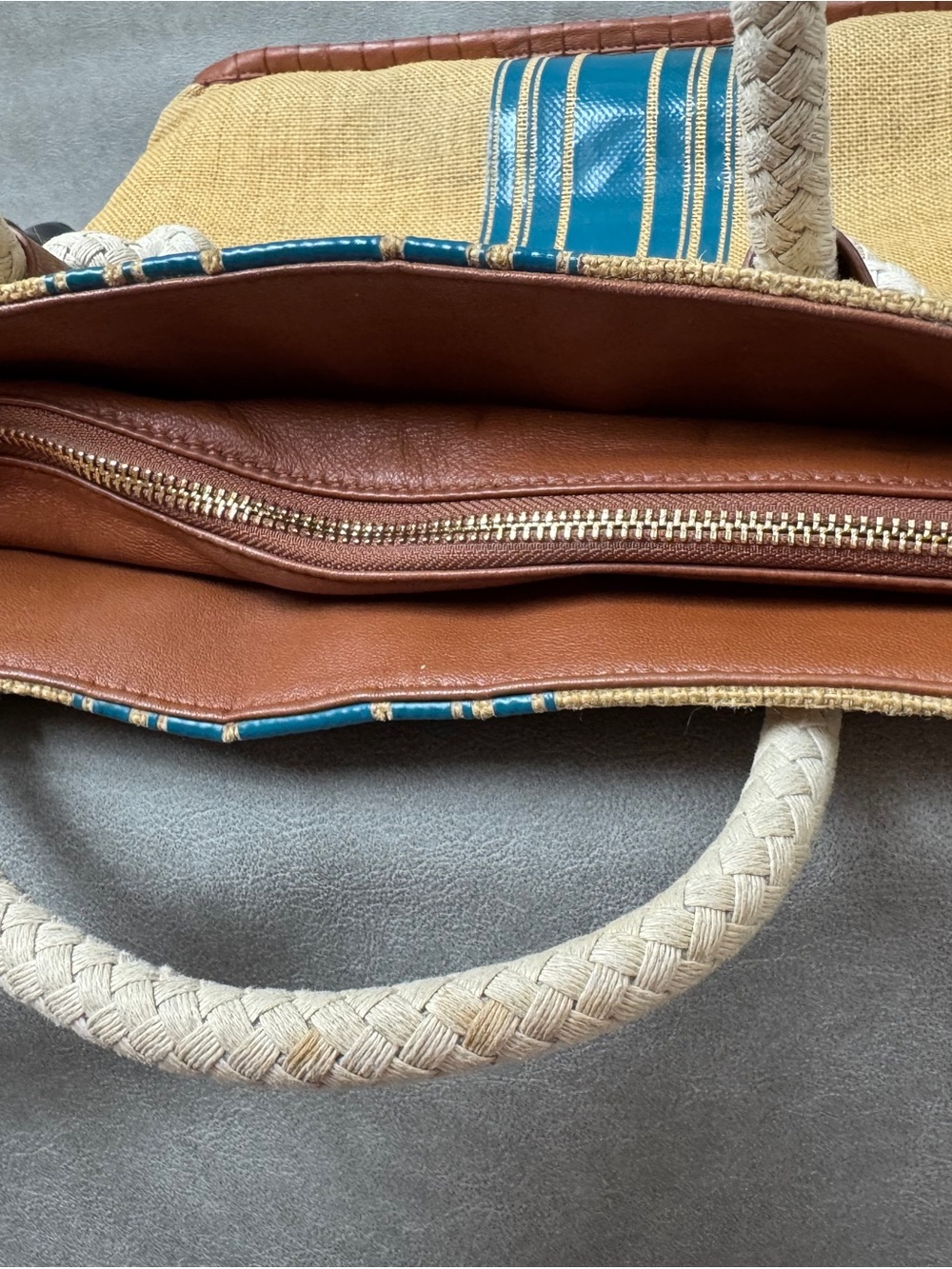 Tory Burch Tan Canvas Tote with Blue Stripe and White Rope Handles - Picture 12 of 16